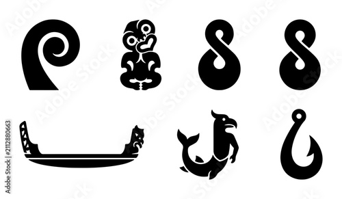 Cuadro en lienzo Maori Cultural Symbols Vector Set: Koru, Tiki, Hei Matau, Waka, Moana Icons