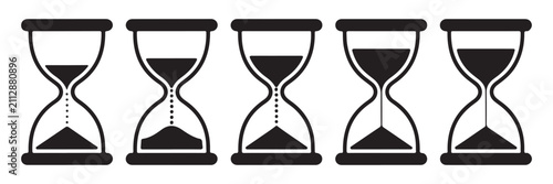 Bild auf Leinwand Five hourglass icons showing varied levels of sand representing time passage and workflow monitoring