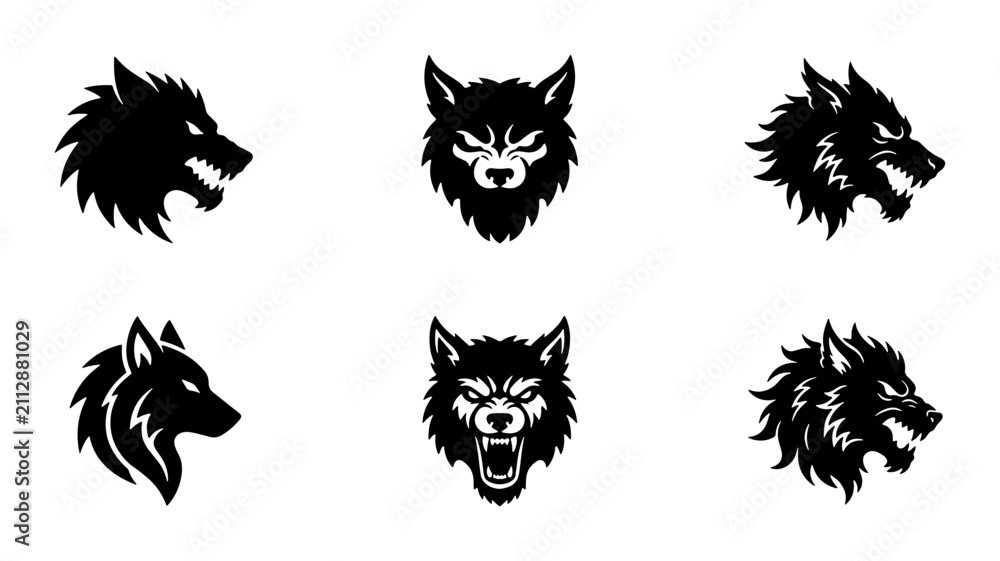 Obraz premium Six Fierce Wolf Head Vector Icons. Wild Animal Silhouette Graphics. Aggressive Canine Spirit Art.