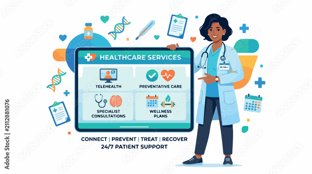 Obraz premium A doctor stands beside a large digital health dashboard showcasing healthcare services and telemedicine in action