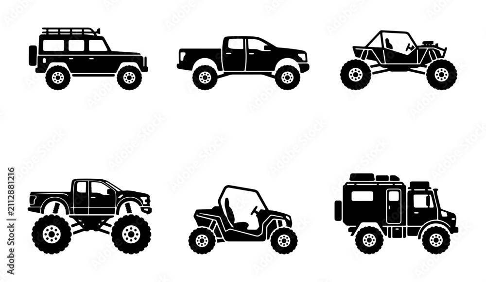 Fototapeta premium Off-Road Vehicle Icons: 6 Rugged 4x4, SUV, Truck, Dune Buggy Vector Graphics