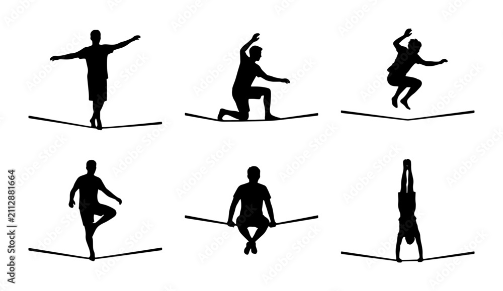Fototapeta premium Slackline Silhouettes: Dynamic Poses of Balance, Acrobatics, and Extreme Sports Performance
