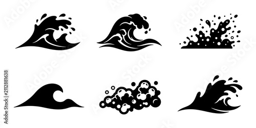 Photography Stylized Black Wave Icons, Ocean Swells, Water Splashes, Sea Elements Set