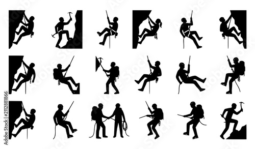 Fotografie Mountain climbing and rock climbing athlete silhouette collection with ice axes