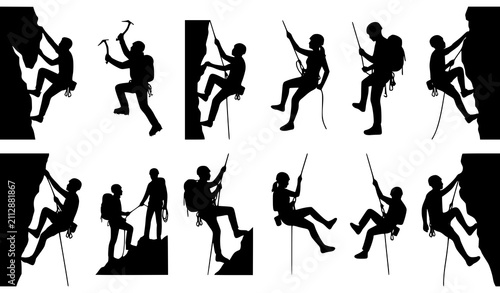 Fotografie Mountain climber and rock climbing athlete silhouettes with ice axes ropes and e