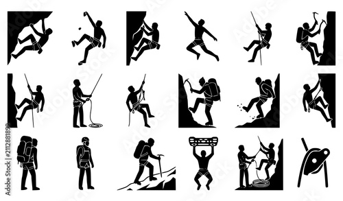 Foto Extreme mountain climbing athletes with ice axes ropes rock climbing and mountai