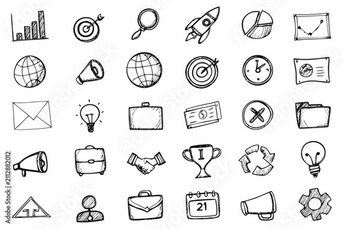 hand drawn business sketch icons on white background graph target balloon rocket pie