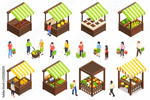 isometric farmers market stalls with striped awnings view vegetables fruits customers vendors illustration