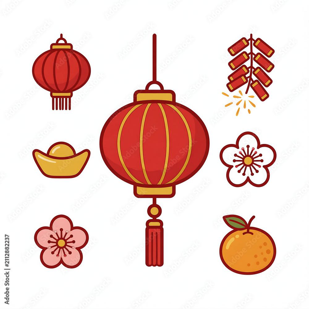 Naklejka premium Chinese New Year Icons Set, Lunar New Year Symbols with Red Lanterns, Gold Ingot, Firecrackers, Tangerine, and Cherry Blossoms Vector Illustration
