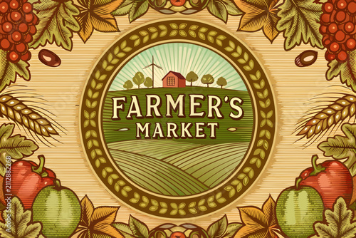 farmers market emblem vintage vector illustration agriculture rural produce marketplace logo design graphic