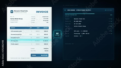 AI document processing extracting structured data from an invoice with scanning line automation