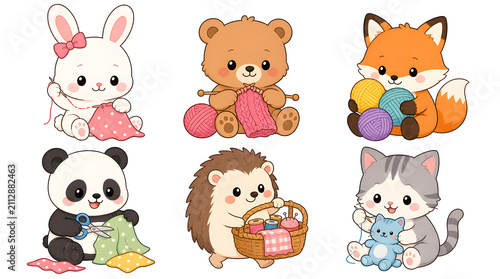 Adorable Crafting Animals: A charming collection of cute, cartoon-style animals including a bunny, bear, fox, panda, hedgehog, and cat.