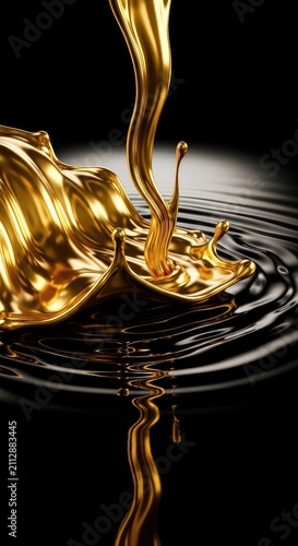 Close up of liquid gold splash in dark water.