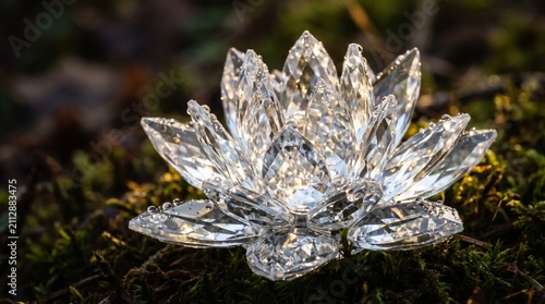 Crystal Lotus Flower Figurine with Water Droplets Resting on Moss in Warm Sunlight