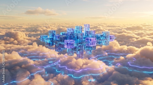 Futuristic Cloud Computing Server City Floating Above Clouds Digital Network Concept