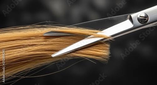 Close up of scissors cutting thick blonde hair strands.