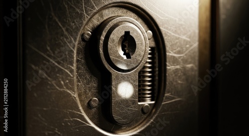 Close up of security lock keyhole on metal.