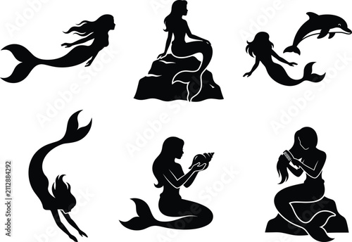 Bild auf Leinwand Collection of various mermaids in different poses featuring a distinct black and