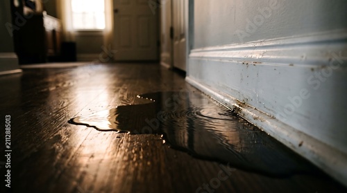 A low-angle view of standing water flooding polished hardwood floors in a residential living space, causing potential water damage.