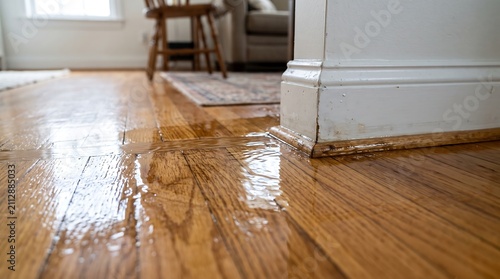 A low-angle view of standing water flooding polished hardwood floors in a residential living space, causing potential water damage.
