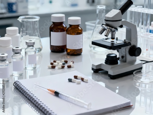Professional scientific laboratory equipment with microscope, pharmaceutical medicine bottles, syringes, and medical research tools on a white table