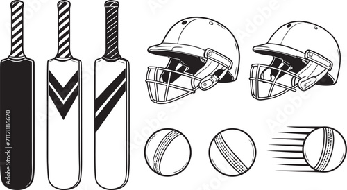 Realistic Cricket Bats Helmets and Leather Balls Equipment Vector
