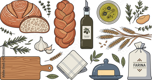 Cuadro en lienzo Artisan bread baking ingredients set with sourdough challah olive oil herbs and