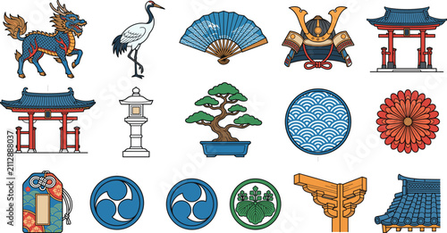 Collection of Japanese cultural symbols and architectural elements featuring mythical kirin crane samurai helmet and torii gate