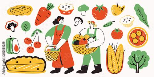 farmers with baskets surrounded by vegetables and fruits illustration organic farm food agriculture