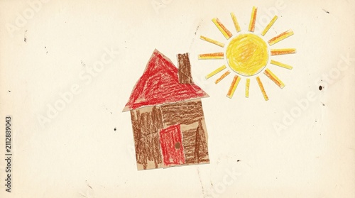 Retro Crayon Collage Art,Naive Kids Collage Style,Playful Halftone Doodle Art, Colorful Crayon Collage of House and Sun