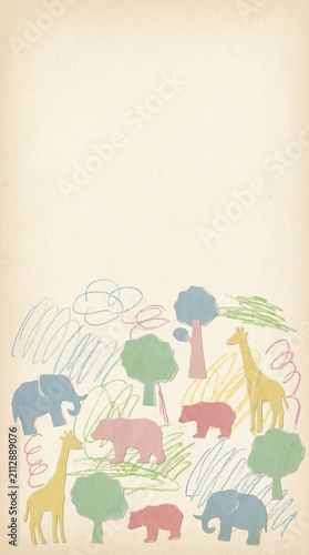 Retro Crayon Collage Art,Naive Kids Collage Style,Playful Halftone Doodle Art, Colorful Crayon Collage of Animals and Trees