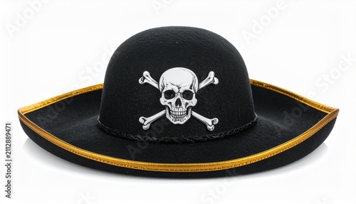 A classic black felt pirate hat featuring a prominent white skull and crossbones emblem isolated on a clean white studio background for fun.