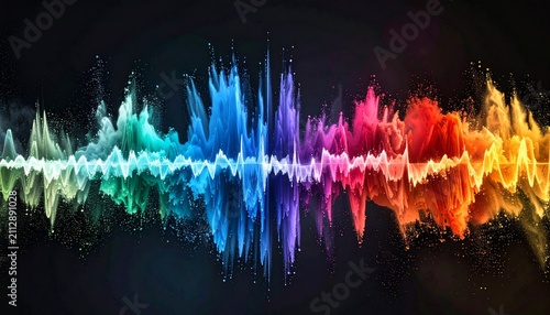 Abstract sound wave visualization with vibrant rainbow colors and particles isolated on a dark background for modern technology concepts.
