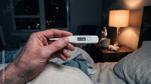 Person Holding Thermometer In Bedroom Showing Fever During Nighttime