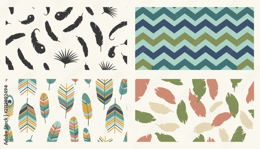 Naklejka premium Set of four seamless patterns featuring feather designs and a chevron geometric pattern in green and neutral tones.