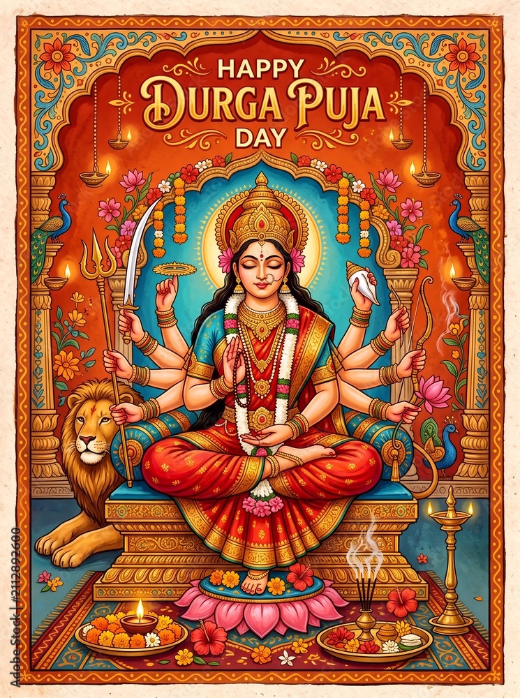 Obraz premium Happy Durga Puja Day Card Illustration