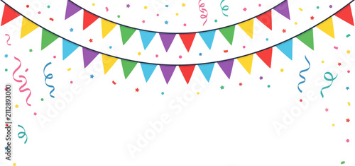 Colorful party bunting flags and falling confetti ribbons for a happy birthday celebration Vector