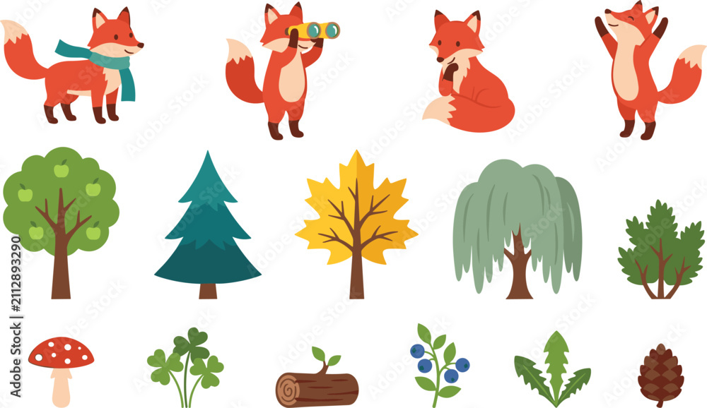 Fototapeta premium Cute Cartoon Woodland Fox and Forest Elements Vector Set Featuring Trees, Leaves, Mushroom, Berries, Pinecone, Log, and Happy Fox Characters