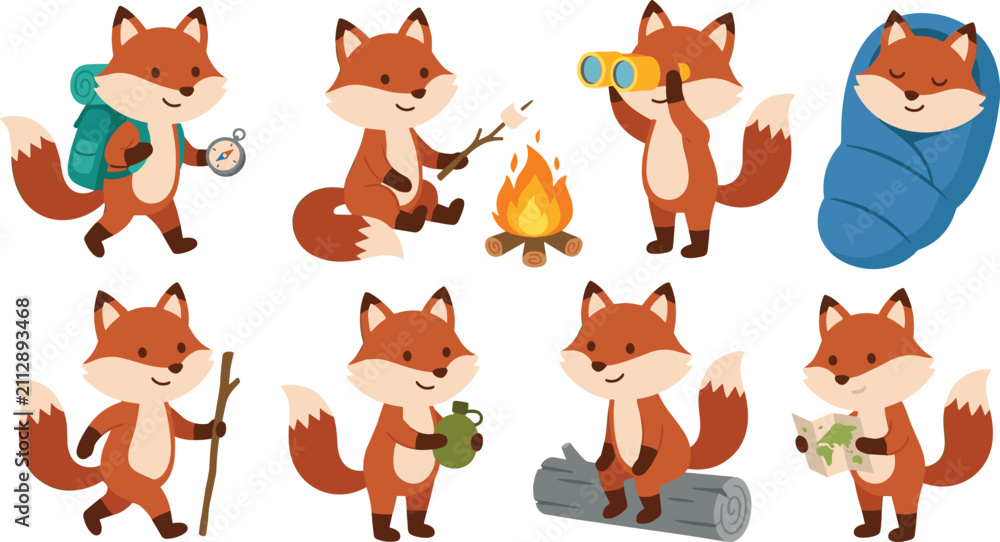 Naklejka premium Cute Cartoon Camping Fox Character Vector Set Featuring Cute Animal Hiking, Roasting Marshmallows, Sleeping, Using Binoculars, and Looking at Map Illustrations