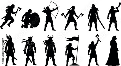 Bild auf Leinwand Fantasy Warrior Silhouette Collection with Viking, Archer, Battle Axe, Sword, Sh