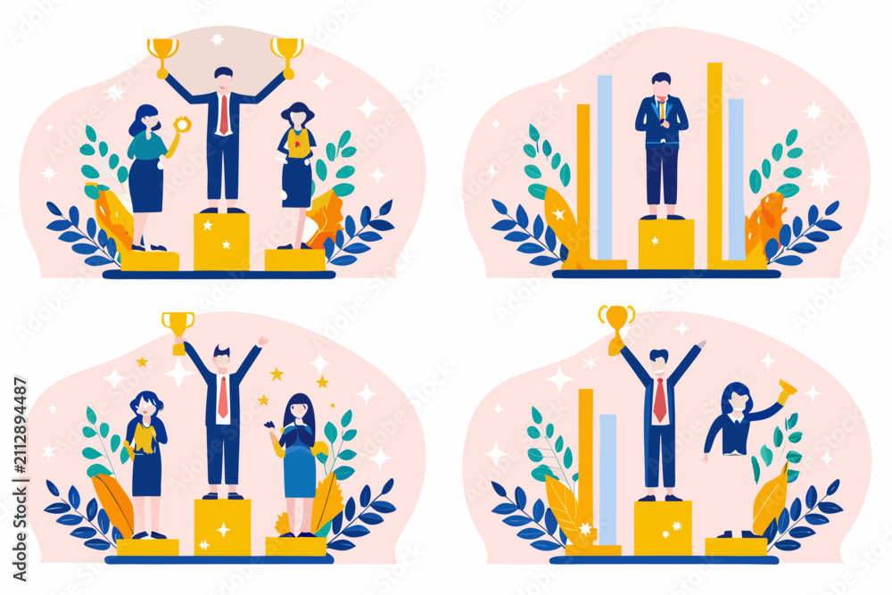 Obraz premium victory celebration icons in flat vector style trophy award winning success achievement people