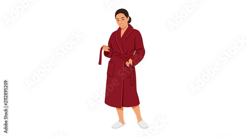 Foto Asian Female Tying Belt of Dark Red Bathrobe