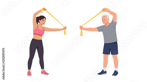 Asian Female Instructor Guiding Senior with Resistance Band