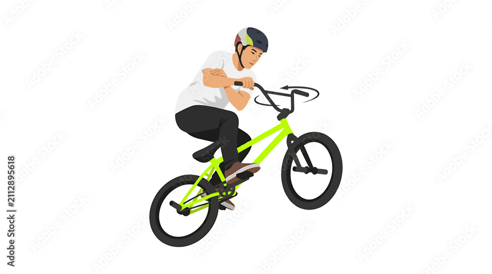 Fototapeta premium Asian Male BMX Rider Executing Barspin Trick on Green Bike