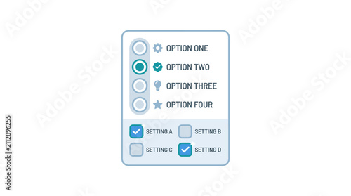 Modern UI Settings Menu with Radio Buttons and Checkboxes