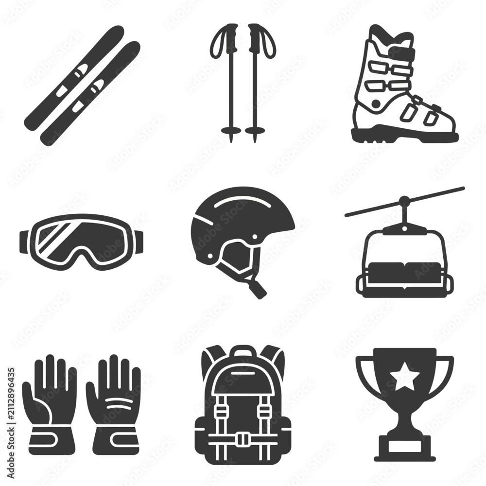 Fototapeta premium Black winter sports icons featuring skiing equipment and alpine cable car.