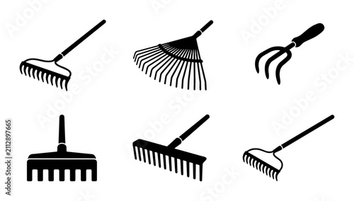 Картината върху платно Garden Rake Icons Set, Leaf Rake Tools, Yard Work Equipment, Agricultural Implem