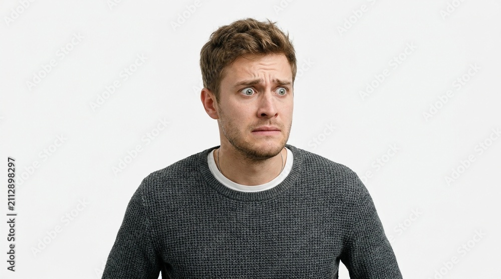 Fototapeta premium A young man with fair skin and brown hair showing a fearful or worried expression on his face against a white background, looking sideways