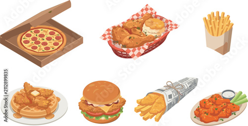 Quadro su tela Fast Food and American Comfort Meal Vector Illustration Set with Pepperoni Pizza