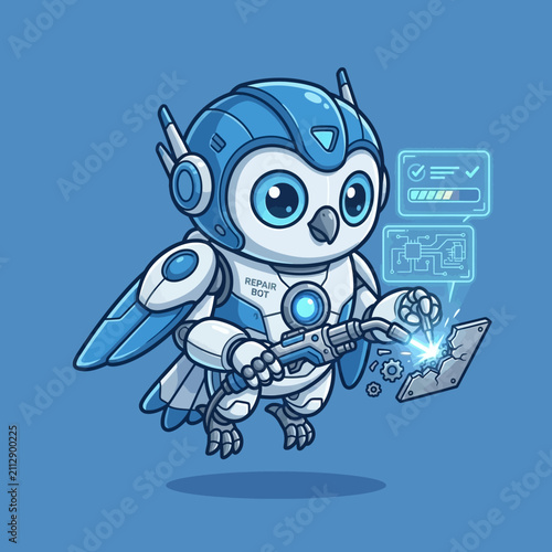 Cute Blue Robotic Owl Repair Bot Welding Vector Illustration